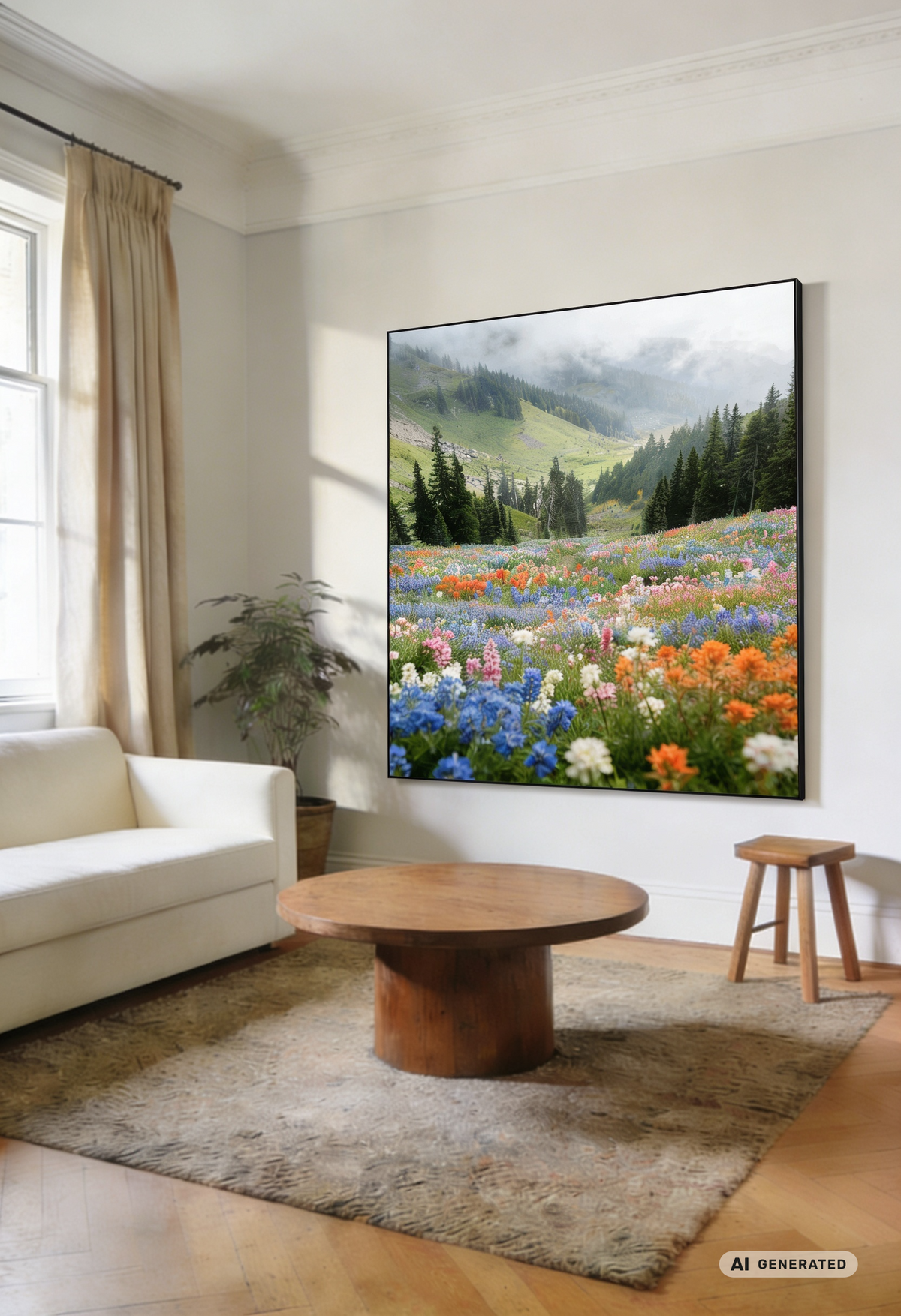 Waldmorgen – Landschaftsbild mit Nebelwald und Blumenwiese – AI GENERATED / KI-GENERIERT