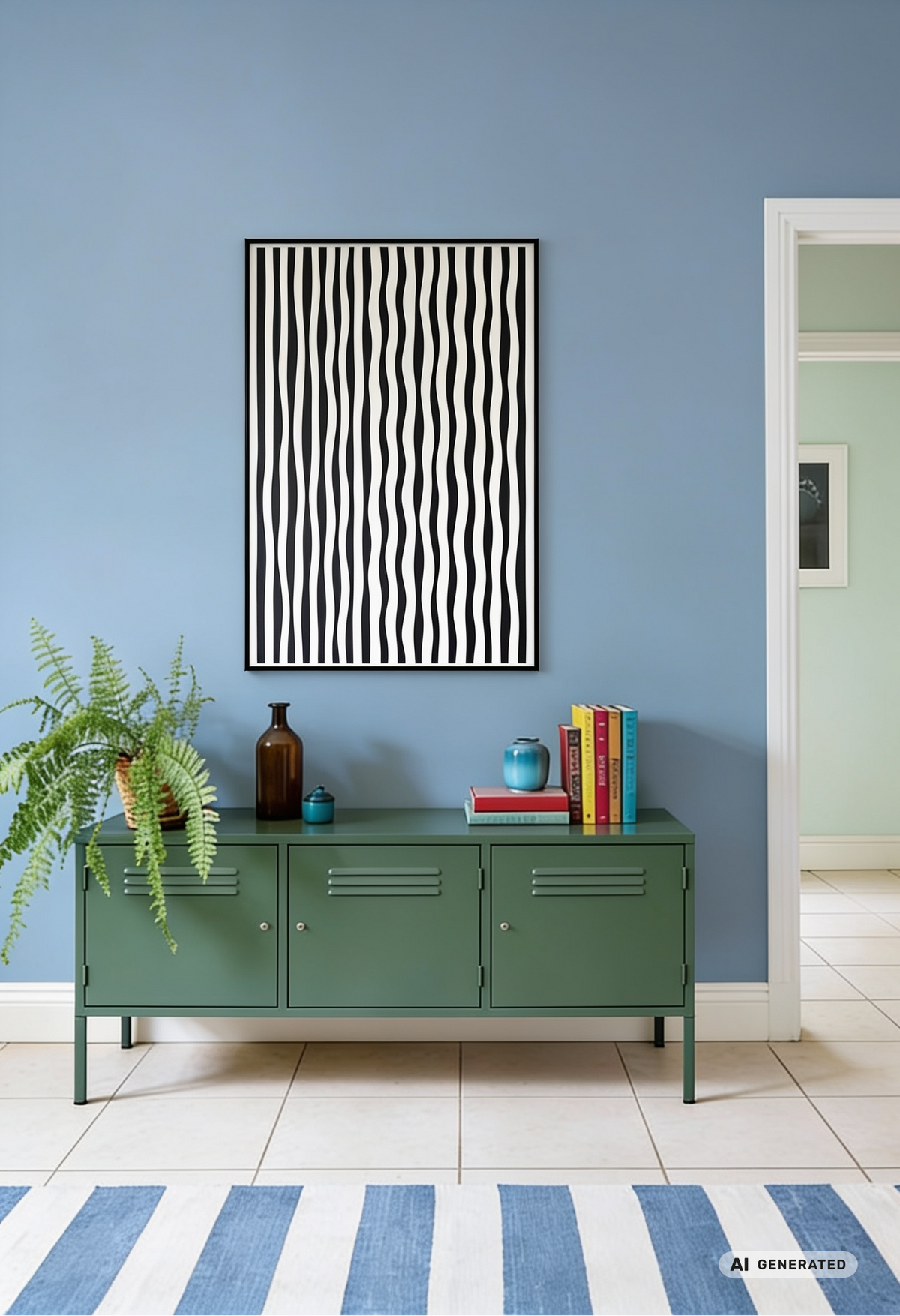 Akustikbild als abstraktes schwarz-weiß Wandbild hängt in einem freundlichen Flur mit blauer Wandfarbe und grünem Sideboard