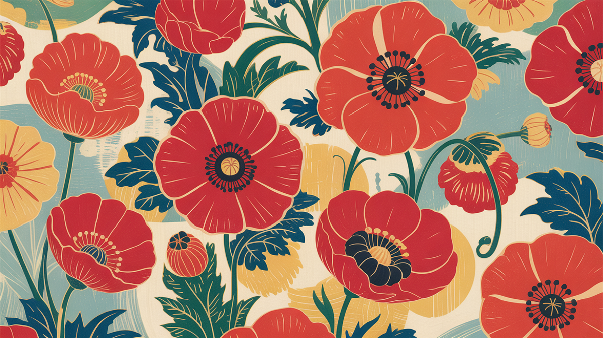 Mohnblumen im japanischen Stil mit knalligen Farben