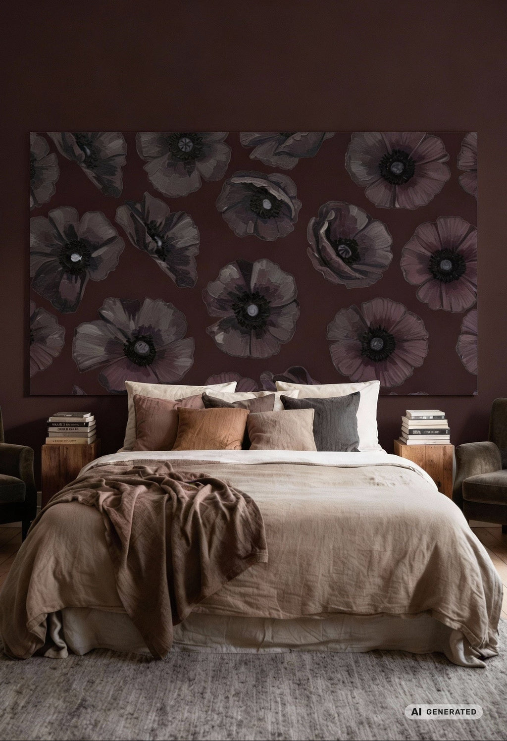 Akustikbild hängt als XXL Wandbild über einem gemütlichen Bett an einer braunen Wand und zeigt Mohnblumen als Motiv