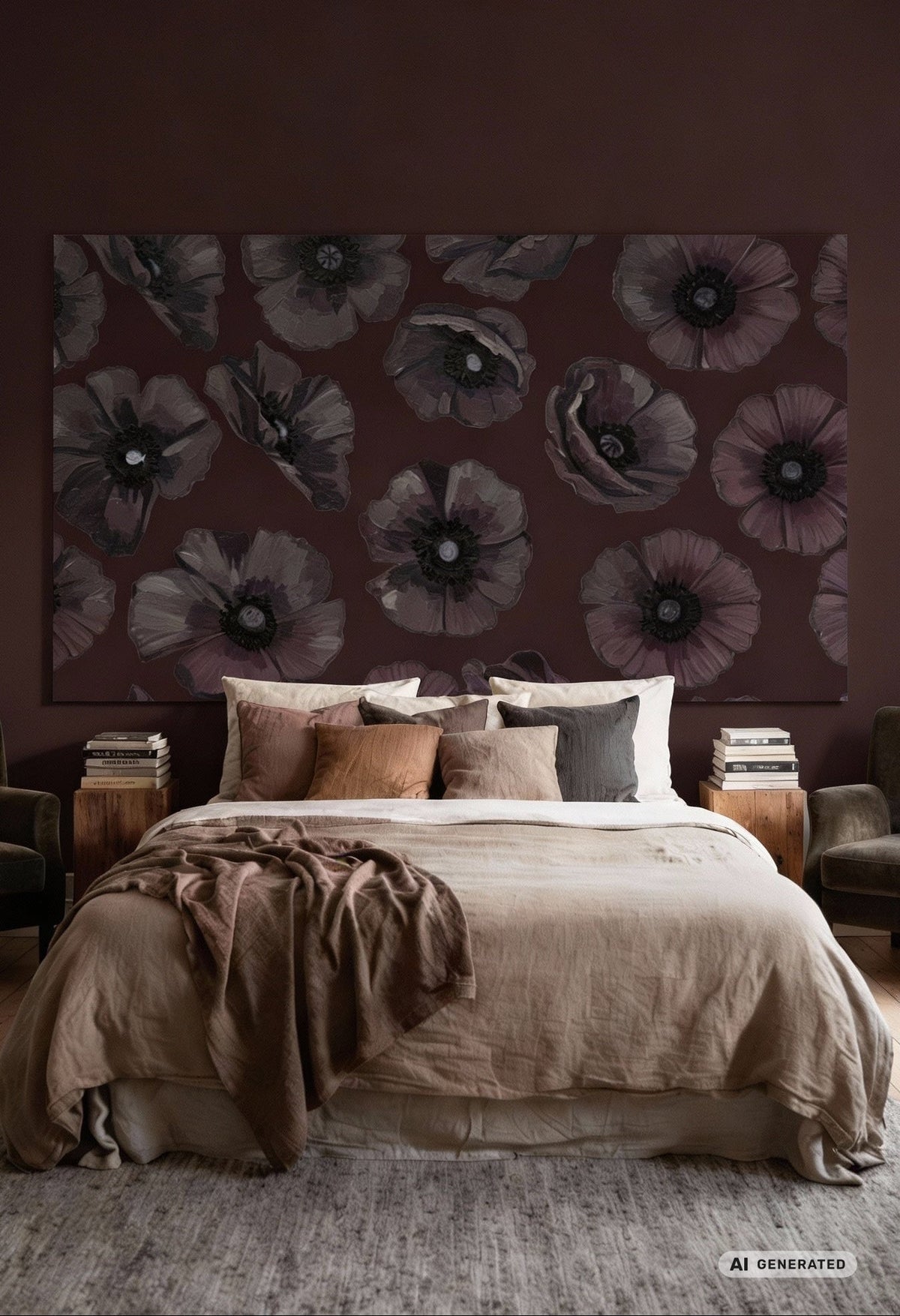 Akustikbild hängt als XXL Wandbild über einem gemütlichen Bett an einer braunen Wand und zeigt Mohnblumen als Motiv
