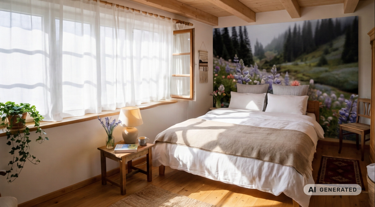 Tal der Blüten – Berglandschaft Wandbild mit bunter Blumenwiese – AI GENERATED / KI-GENERIERT