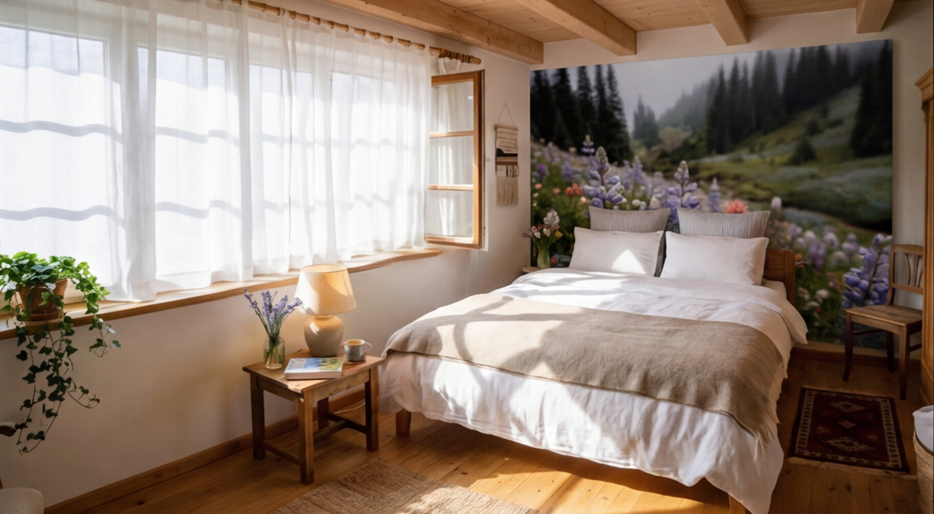 Tal der Blüten – Berglandschaft Wandbild mit bunter Blumenwiese