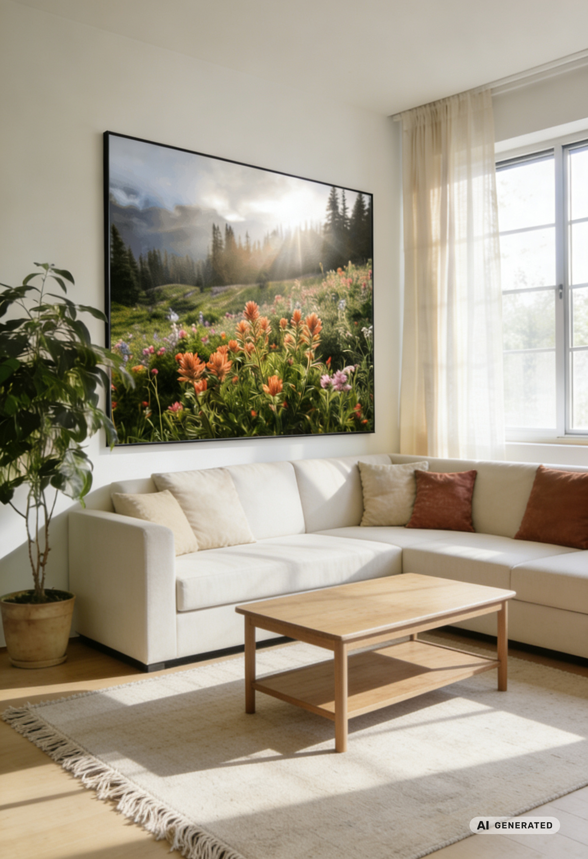Abendblühen – Blumenwiese Wandbild im warmen Abendlicht – AI GENERATED / KI-GENERIERT